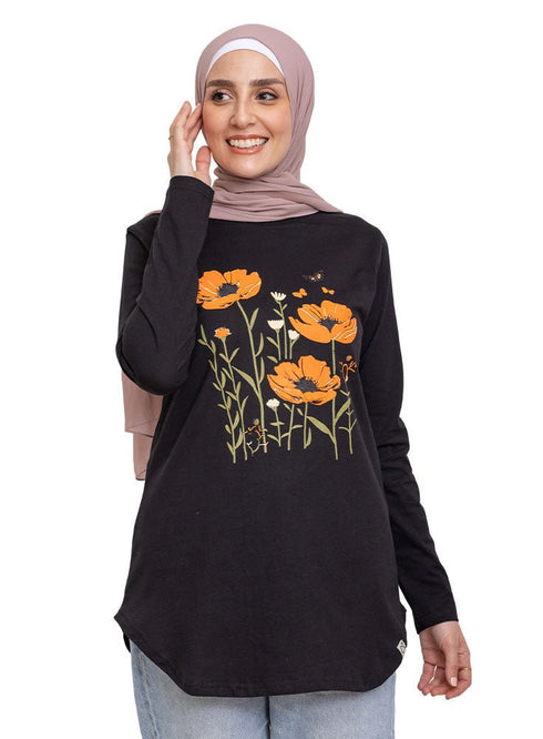 Black Printed Long - Sleeve Design 16 - Khotwh